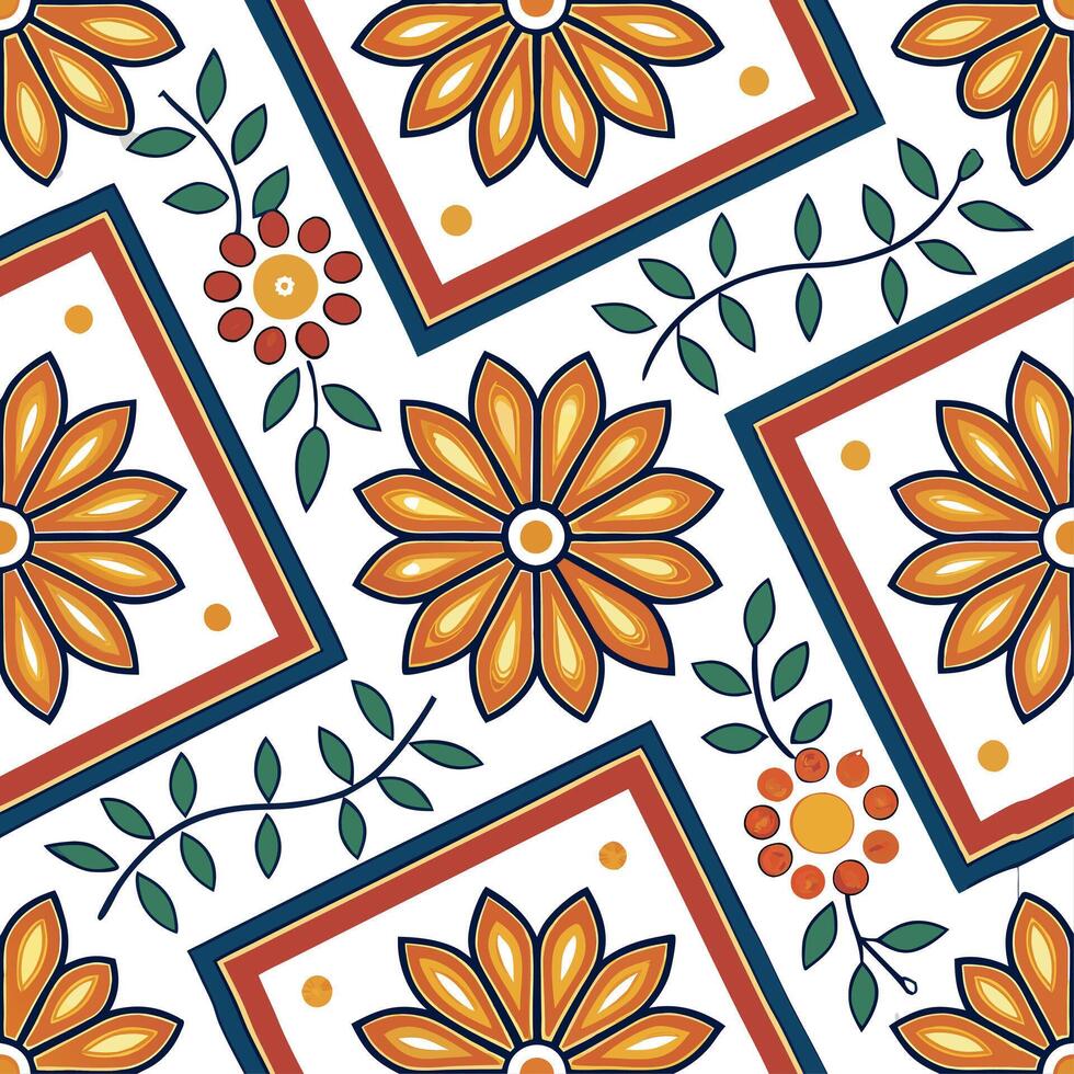 Mexican Talavera tiles and colorful flowers seamless pattern with vibrant hues concept as Vibrant hues highlight Mexican Talavera tiles adorned with colorful flowers in seamless pa Cleans vector