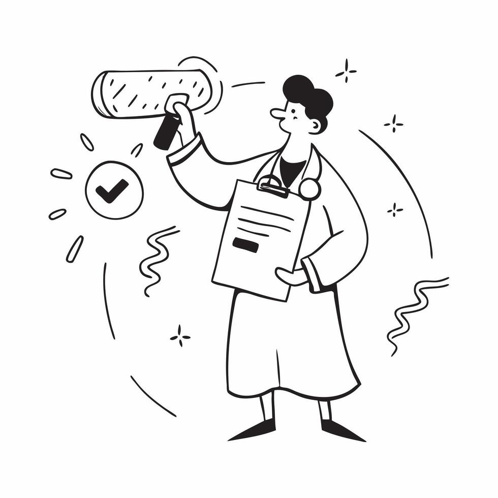 Medical Research Scientist with ISO Certificate and Lab Equipment concept as A medical research scientist holding an ISO certificate and lab equipment set against a whimsical backg Cleans vector