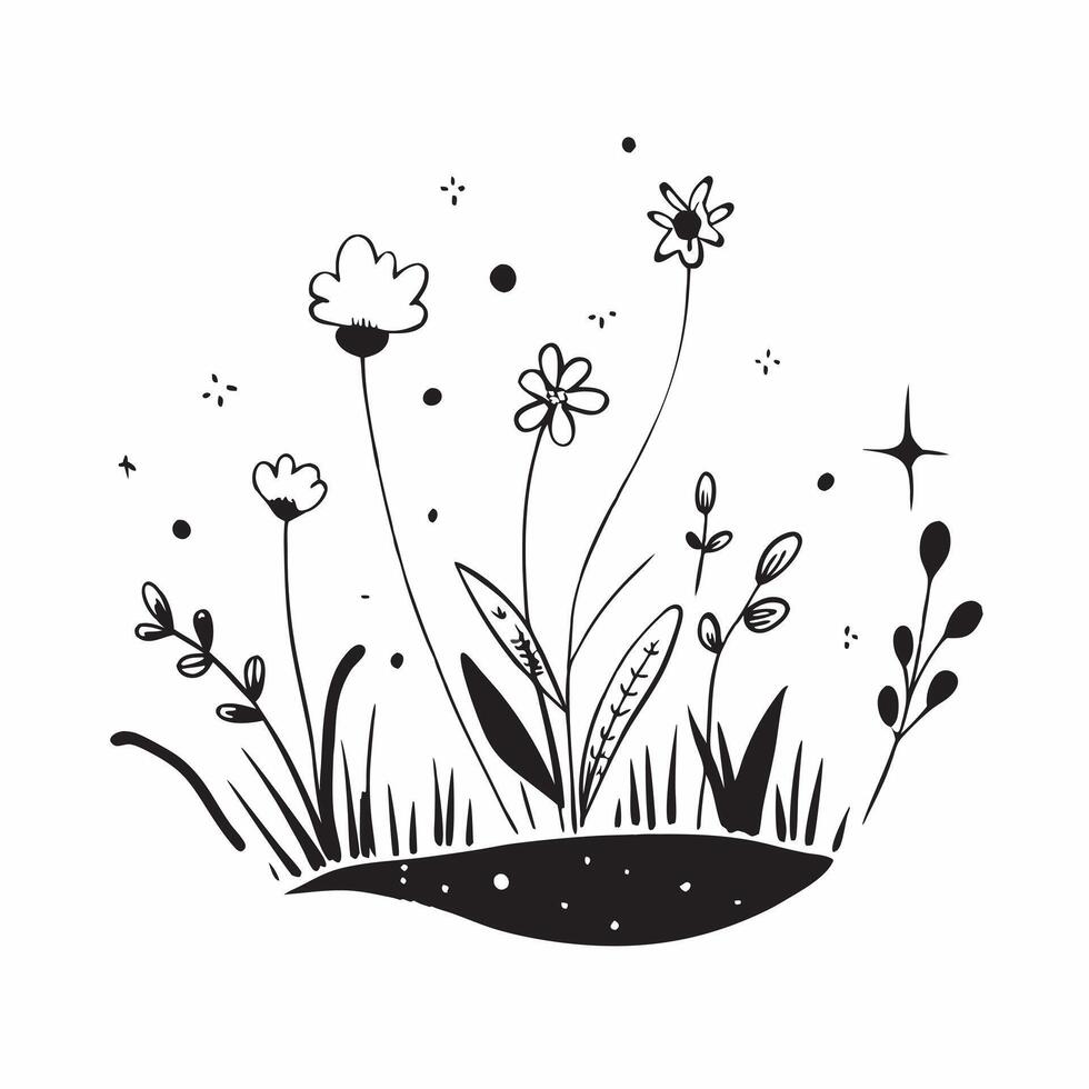 Meadow and Wildflowers concept as A half tone meadow with blooming wildflowers set against a whimsical background offering ample space for text or graphics symbolizing renewal and Cleans vector