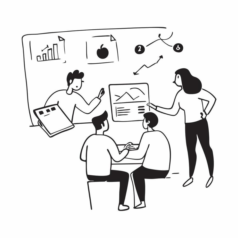 Marketing team collaborating on a social media campaign plan concept as A marketing team in a conference room collaborating on a social media campaign plan using charts and graphs Cleans Set 3 vector