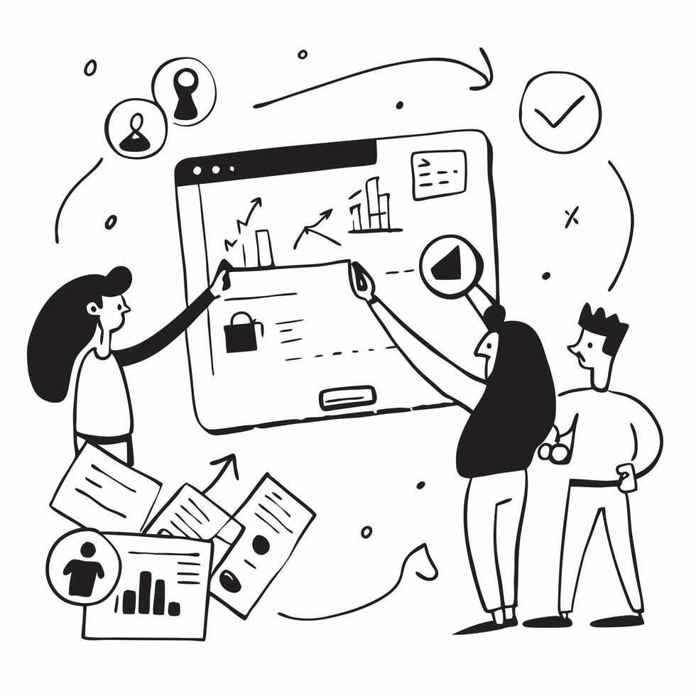 Marketing team collaborating on a product launch concept as A illustration of a marketing team collaborating on a product launch using digital tools and charts with a 3 colo Cleans vector
