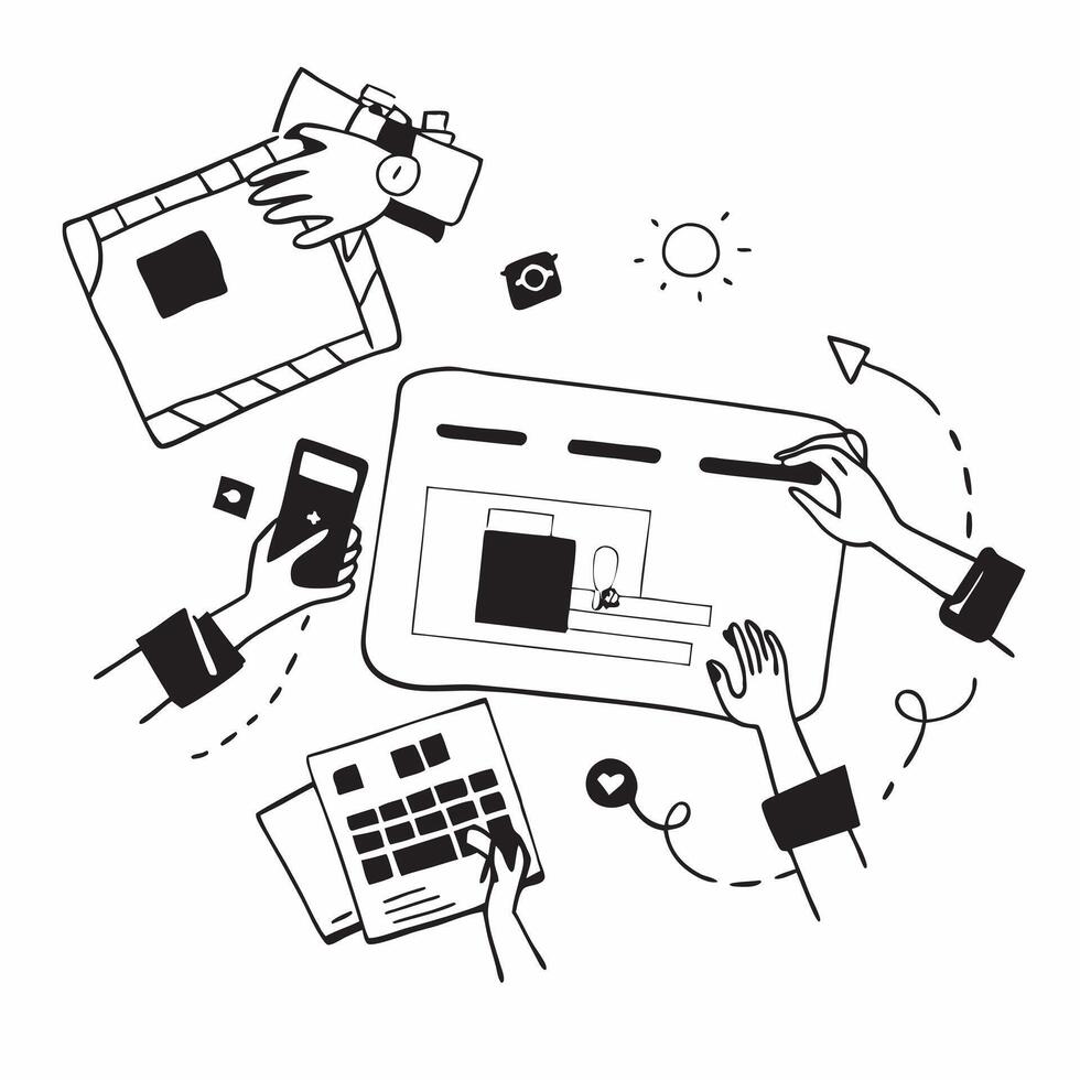 Marketing team collaborating on a social media campaign plan concept as A marketing team in a conference room collaborating on a social media campaign plan using charts and graphs Cleans Set 2 vector