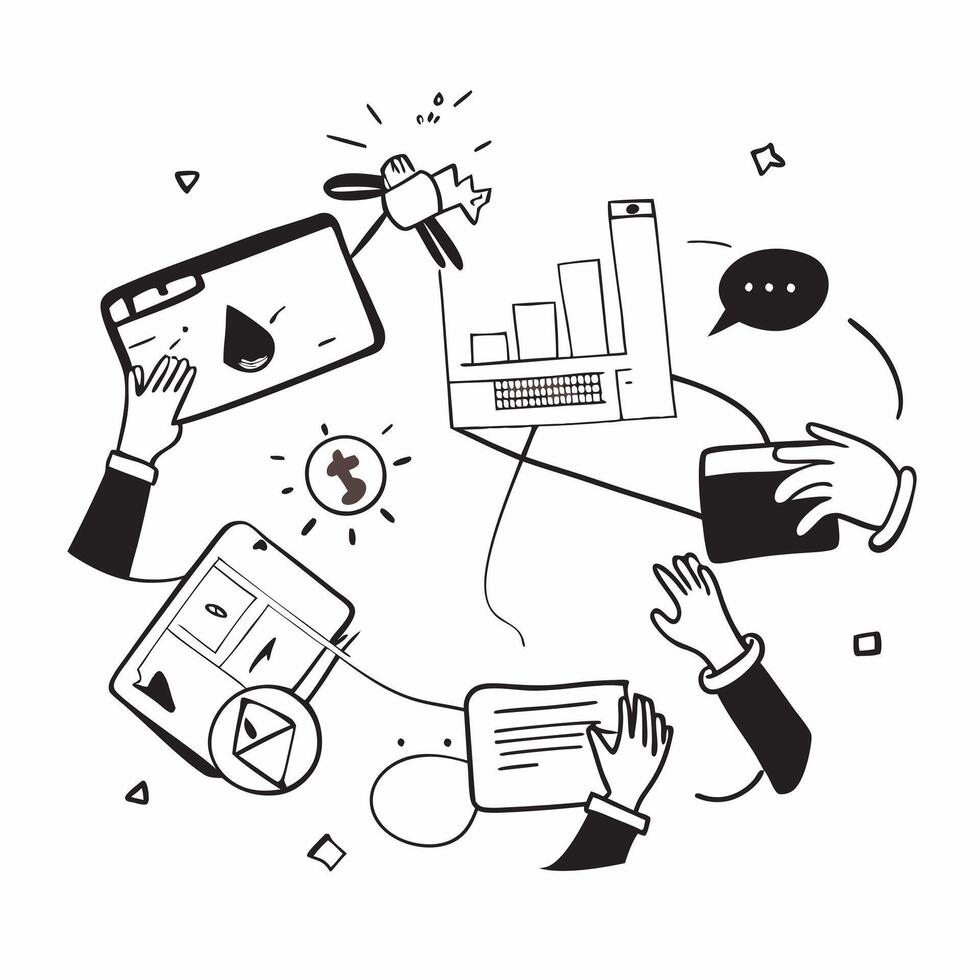 Marketing team brainstorming in a creative workspace concept as A illustration of a marketing team brainstorming in a creative workspace using laptops and tablets with an 8 Cleans Set 2 vector