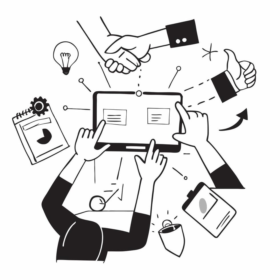 Marketing team collaborating on a brand strategy concept as A illustration of a marketing team collaborating on a brand strategy using laptops and digital tools with an 8 co Cleans Set 2 vector