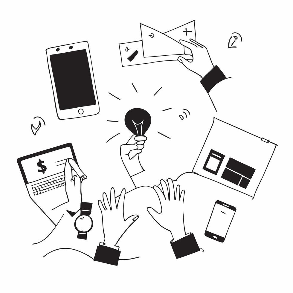 Marketing team brainstorming in a creative workspace concept as A illustration of a marketing team brainstorming in a creative workspace using laptops and tablets with an 8 Cleans vector