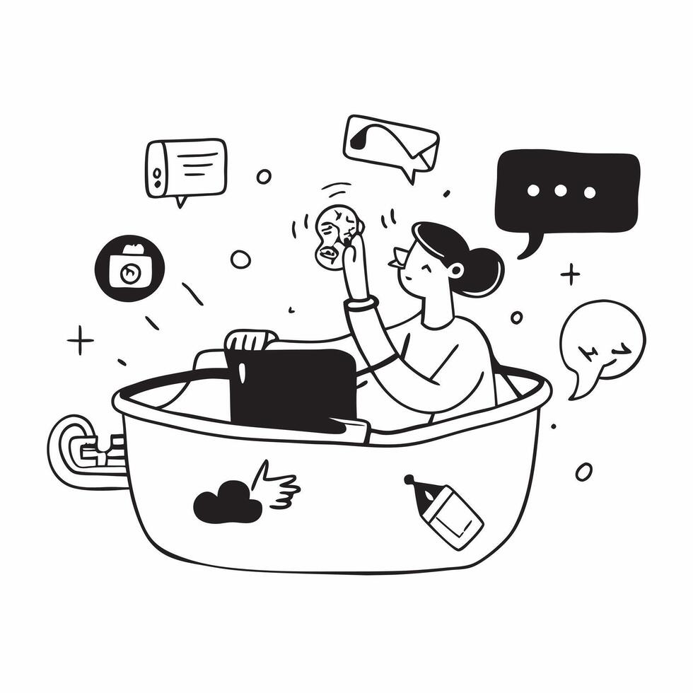 Marketing specialist enjoying a relaxing bath concept as A marketing specialist enjoying a relaxing bath while listening to a podcast about social media trends highlighting relaxat Cleans vector