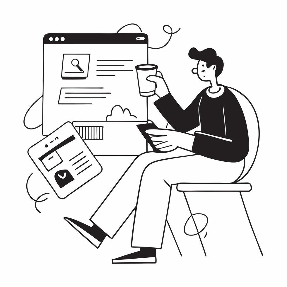 Marketing manager enjoying a cup of tea while browsing social media trends concept as A marketing manager enjoying a cup of tea in a comfortable chair while browsing social media t Cleans vector
