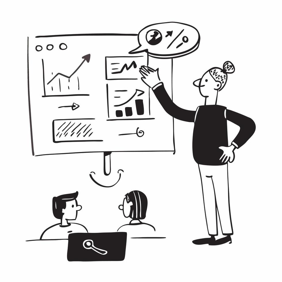 Marketing executive presenting social media results to the board concept as A marketing executive in a boardroom presenting social media results to the board using graphs and data Cleans vector