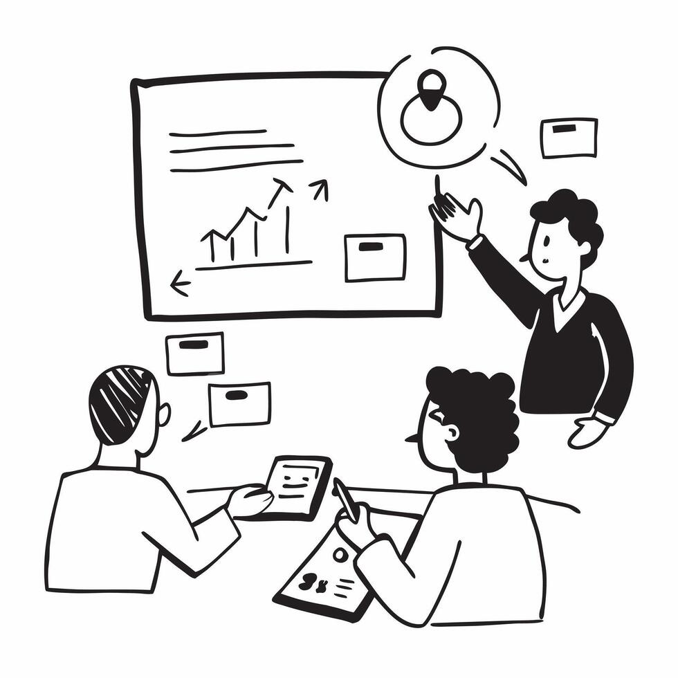 Marketing executive overseeing a social media marketing team concept as A marketing executive in a boardroom overseeing a social media marketing team using a laptop and charts show Cleans Set 2 vector