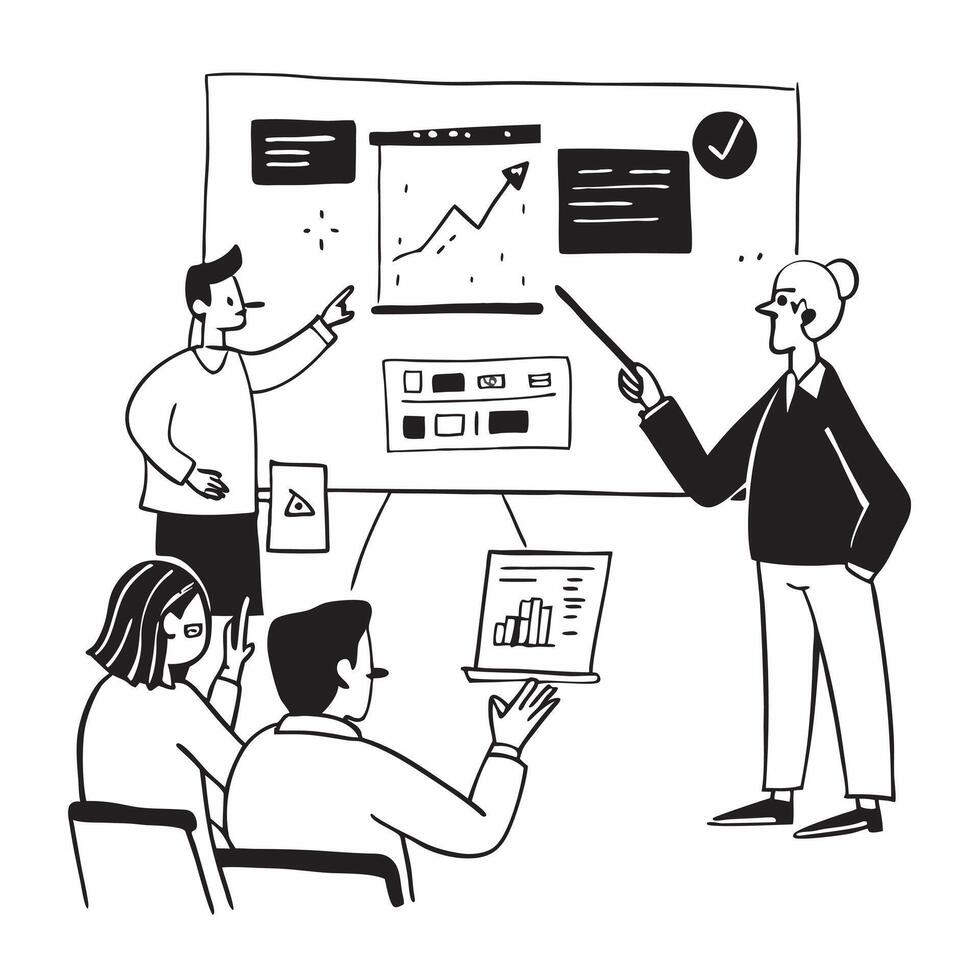 Marketing director presenting social media strategy to executives concept as A marketing director in a boardroom presenting a social media strategy to company executives using a pr Cleans vector