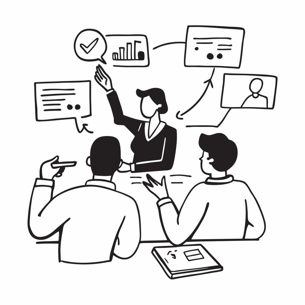 Marketing director conducting a hybrid campaign brainstorming concept as A marketing director conducting a hybrid campaign brainstorming with team members in the office and remote Cleans vector