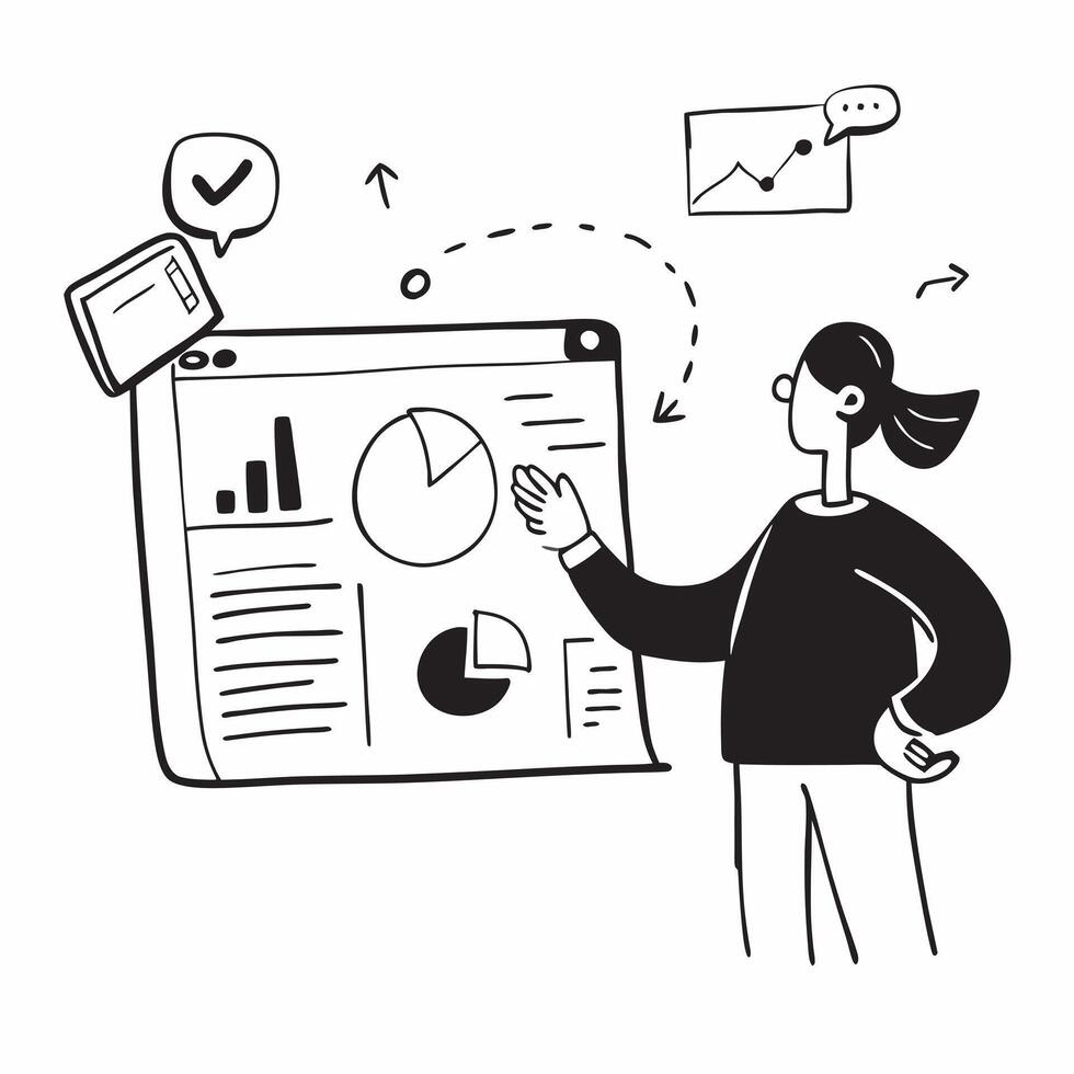 Marketing director conducting a social media audit concept as A marketing director in an office conducting a social media audit using a laptop and charts showcasing analytical skil Cleans vector