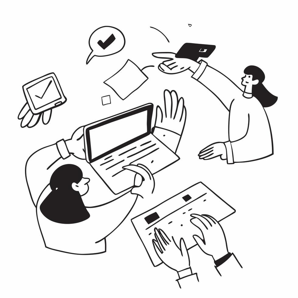 Marketing consultant collaborating with clients concept as A illustration of a marketing consultant collaborating with clients using laptops and digital tools with a 3 color Cleans Set 2 vector