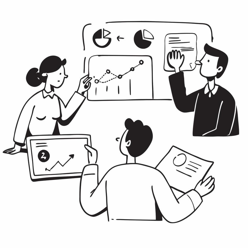 Marketing consultant conducting a hybrid market analysis meeting concept as A marketing consultant conducting a hybrid market analysis meeting with clients in the office and remote Cleans Set 2 vector
