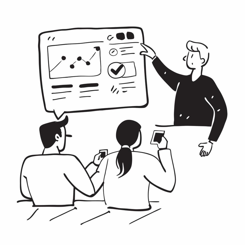 Marketing consultant conducting a hybrid market analysis meeting concept as A marketing consultant conducting a hybrid market analysis meeting with clients in the office and remote Cleans vector