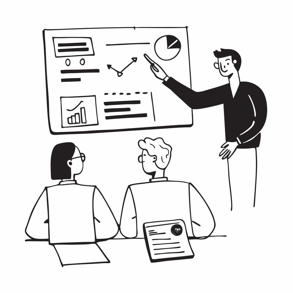 Marketing analyst presenting market research in a hybrid meeting concept as A marketing analyst presenting market research in a hybrid meeting with reports displayed in the office Cleans vector