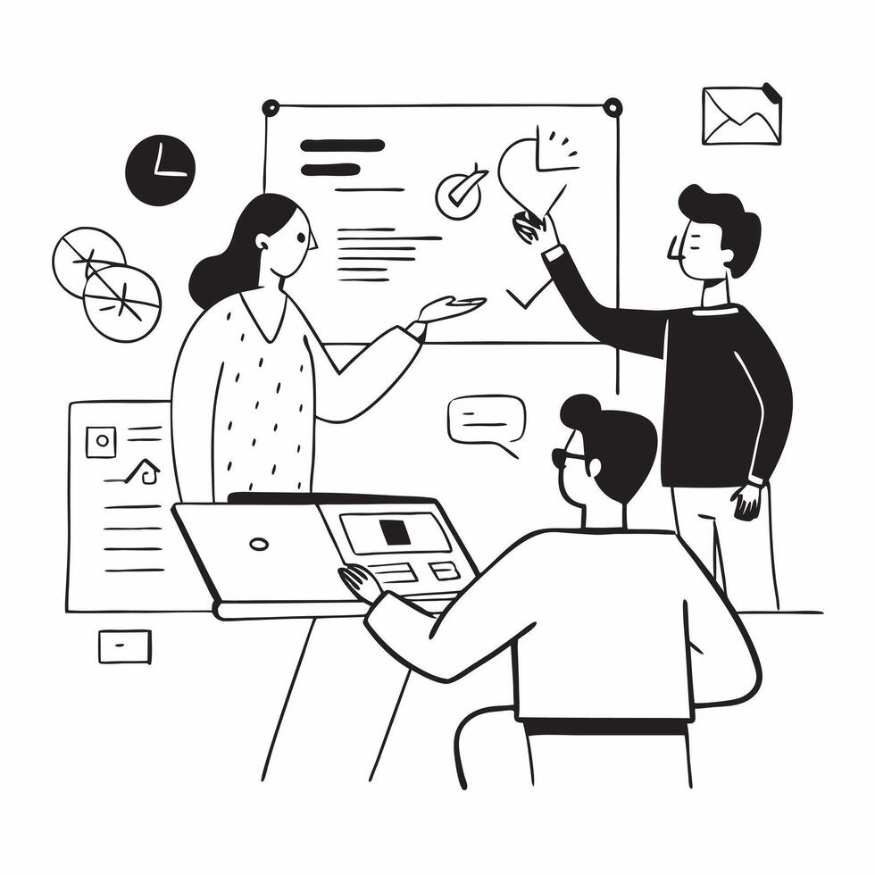 Marketing consultant advising a client on social media strategy concept as A marketing consultant in a modern office advising a client on social media strategy using a laptop and c Cleans vector