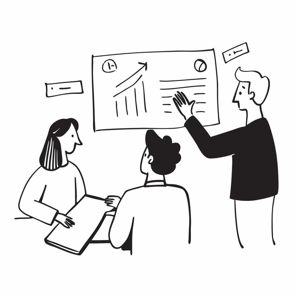 Market researcher presenting stock valuation insights to a team concept as A market researcher in a meeting room presenting stock valuation insights to a team using charts and grap Cleans vector