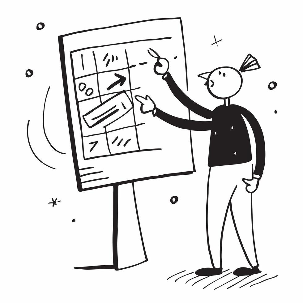 Manager with Whiteboard and Goal Chart concept as A manager using a whiteboard and holding a goal chart set against a whimsical background offering ample space for text or graphics Cleans vector