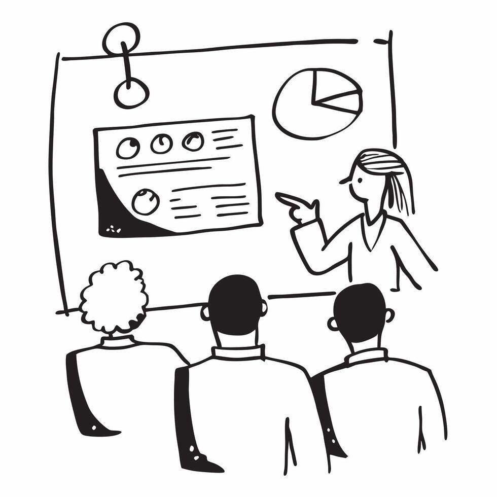 Manager leading a team meeting with presentation slides concept as A illustration of a manager leading a team meeting with presentation slides featuring a 3 color scheme to Cleans Set 2 vector