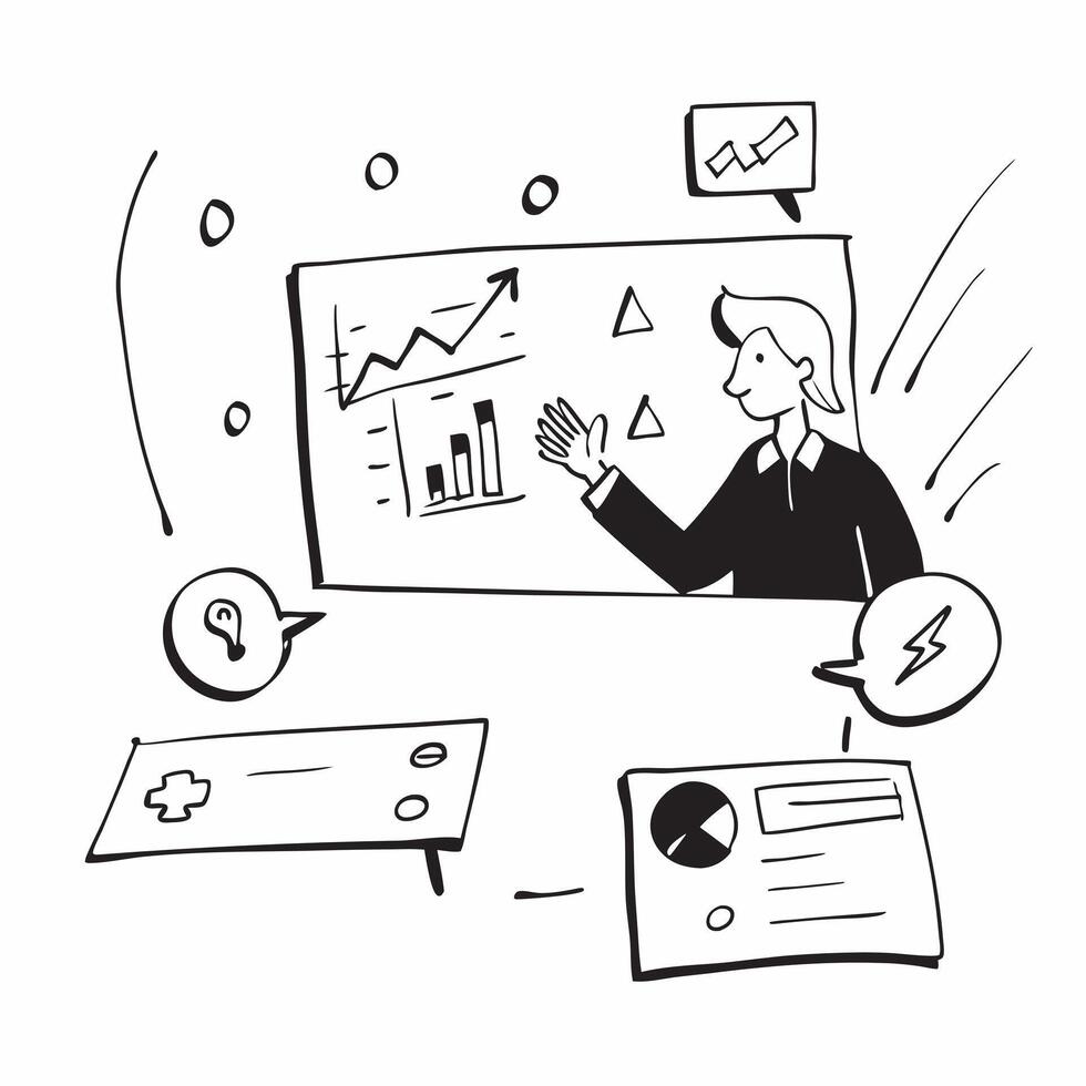 Manager with Conference Call and Charts concept as An image of a manager with a conference call and charts set against a whimsical background offering ample space for text or graph Cleans vector