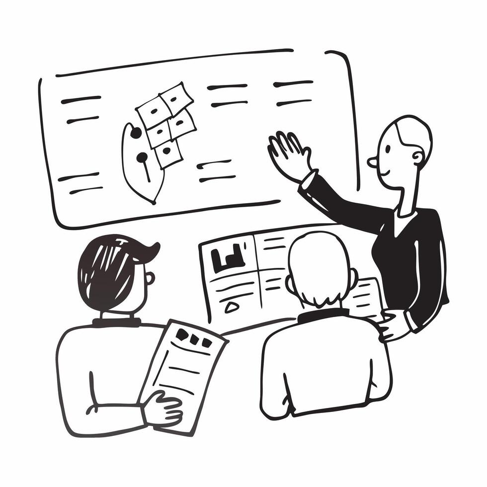 Manager conducting a team meeting with visual aids concept as A illustration of a manager conducting a team meeting with visual aids featuring a 3 color scheme to highlight Cleans Set 2 vector