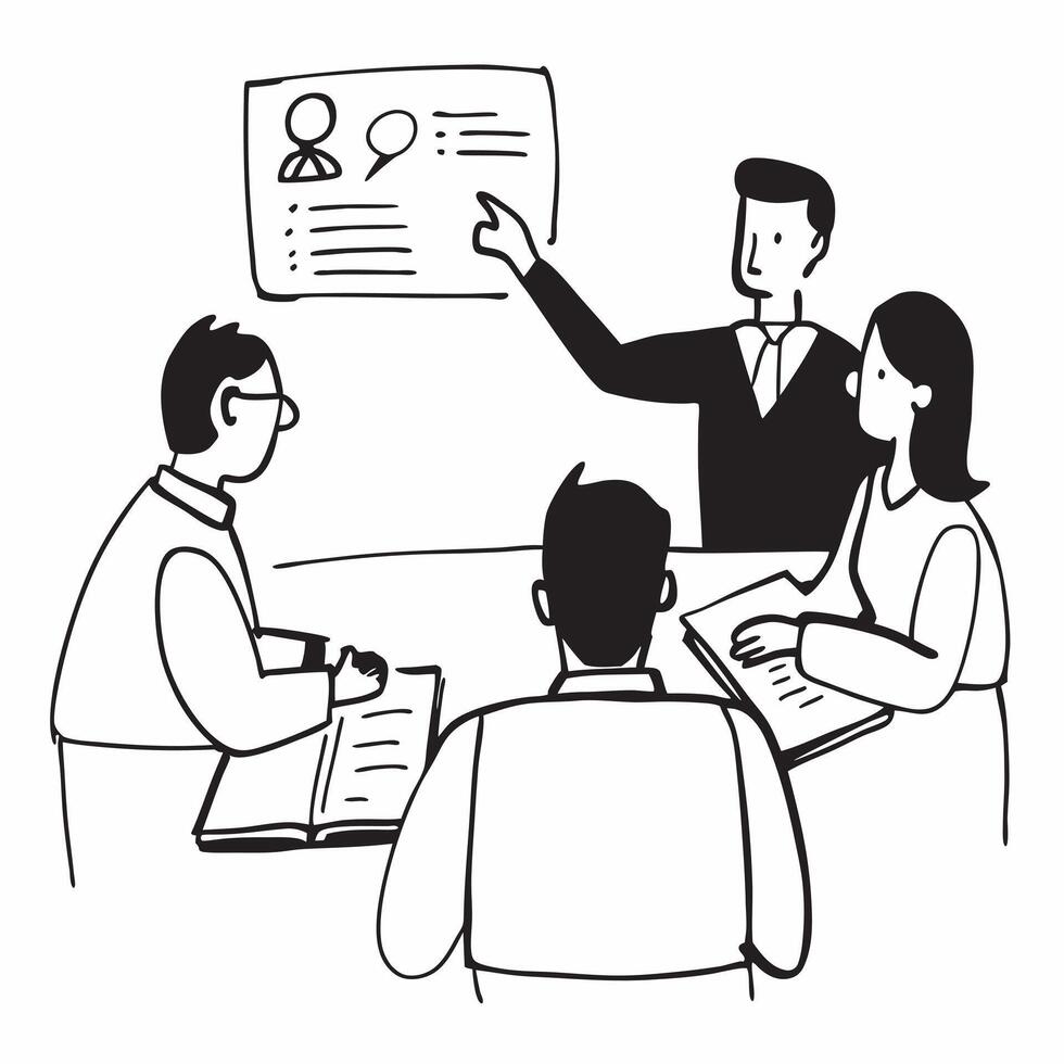 Manager conducting a team briefing in a modern office concept as A illustration of a manager conducting a team briefing in a modern office using a 3 color scheme to highligh Cleans Set 2 vector