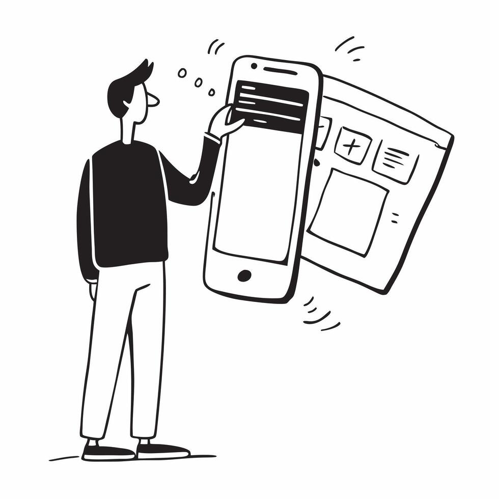Man Updating Mobile Banking App concept as A man updating his mobile banking app on his smartphone with a blank background offering space for additional text or design elements in Cleans vector