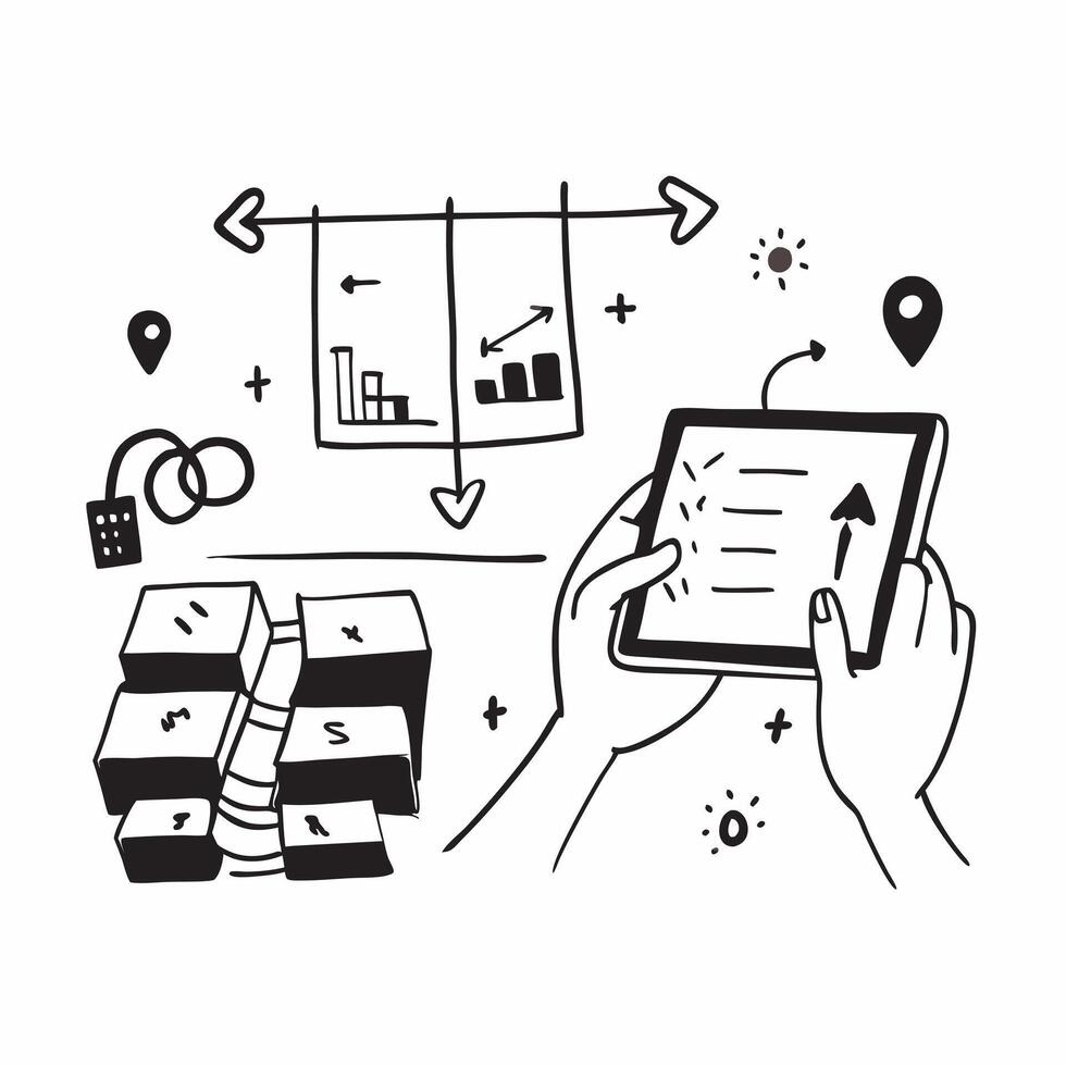 Logistics Planner with Flowcharts and Tablet in Enchanted Storage Facility concept as Mid shot of a logistics planner using flowcharts and a tablet in an enchanted storage facility Cleans vector