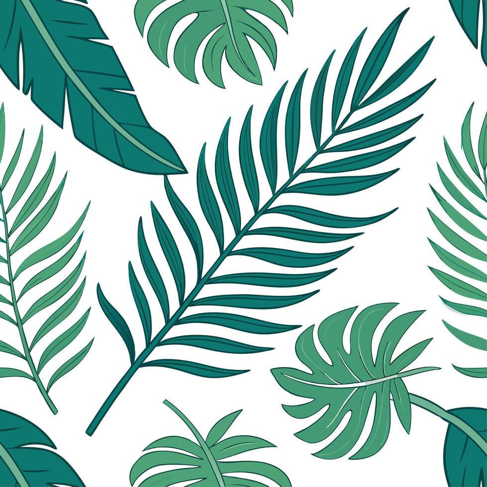 Lush summer leaves seamless tile pattern with tropical foliage and bright palm leaves for vibrant living spaces concept as Lush tropical leaves and bright palms arranged seamlessly Cleans vector