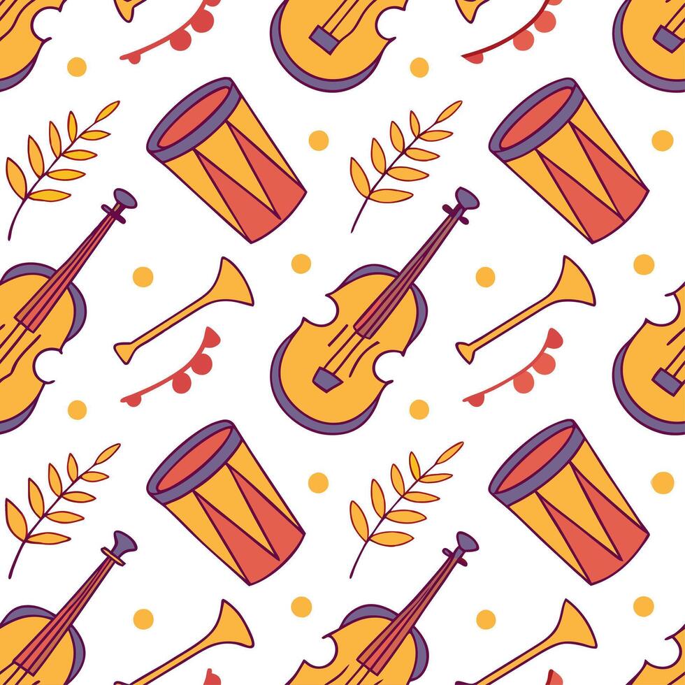 Local festivals and traditional music instruments seamless tile pattern with vibrant colors and dynamic shapes concept as Vibrant colors and dynamic shapes highlight local festival Cleans vector
