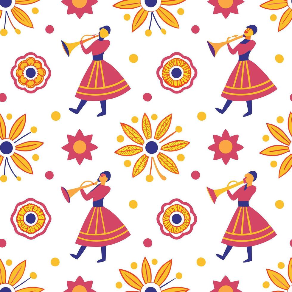 Local festivals and traditional instruments seamless tile pattern with vibrant colors and dynamic shapes concept as Vibrant colors and dynamic shapes highlight local festivals and Cleans vector