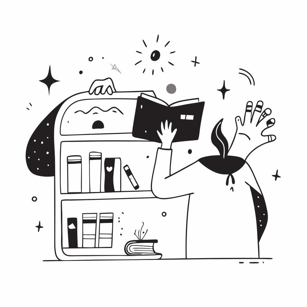 Librarian with Digital Bookshelf and Tablet in Enchanted Library concept as Mid shot of a librarian managing a digital bookshelf and a tablet in an enchanted library The setting i Cleans vector