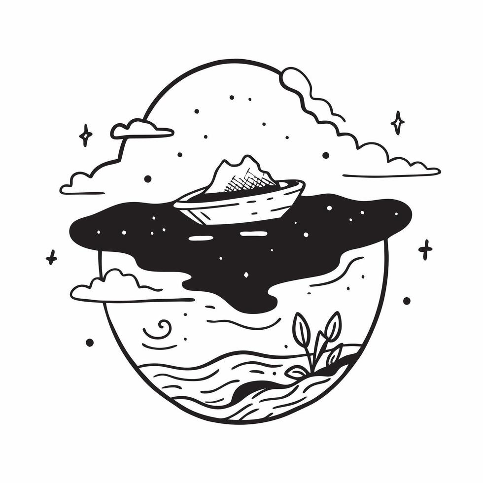Lake and Boat concept as A half tone lake with a small boat set against a whimsical background offering ample space for text or graphics symbolizing tranquility and quiet adventure Cleans vector