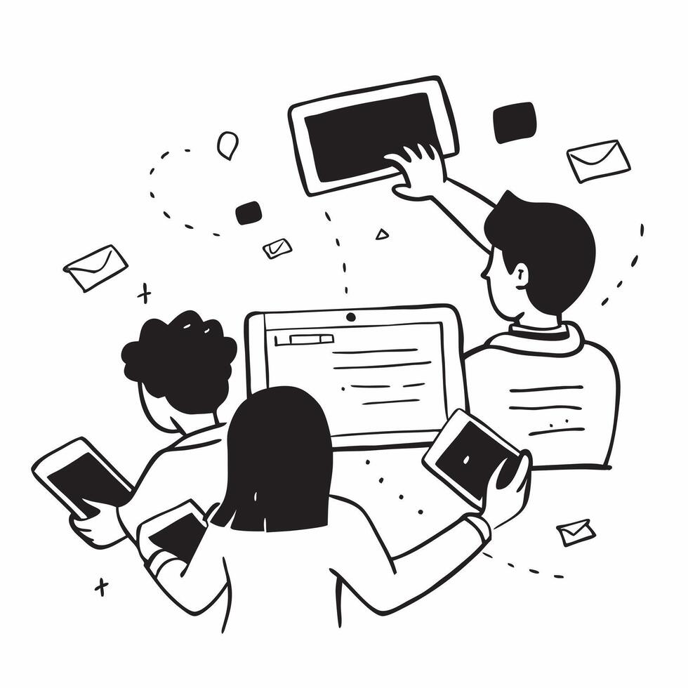 Kids with Tablets and Virtual Classroom concept as Kids using tablets with a virtual classroom appearing around them set against a plain background offering space for text or graph Cleans vector