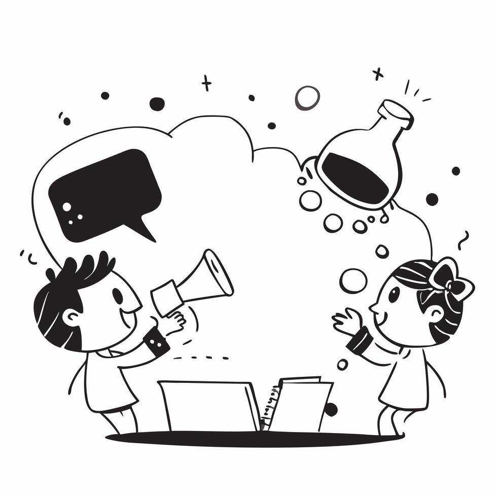 Kids with Science Kits and Magical Lab concept as Kids with science kits and a magical laboratory appearing around them set against a blank background providing ample space for tex Cleans vector