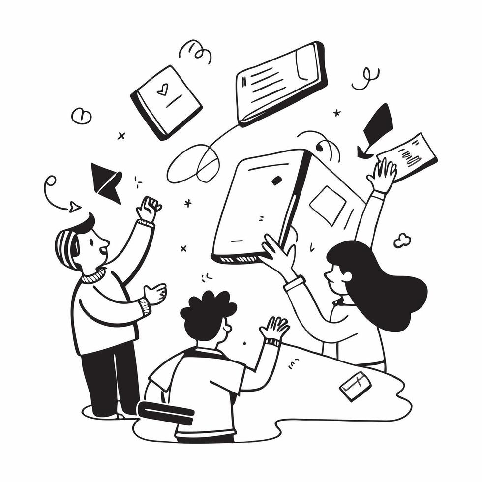 Kids with Tablets and Holographic Teacher concept as Kids using tablets with a holographic teacher appearing around them set against a blank background providing space for text or Cleans vector