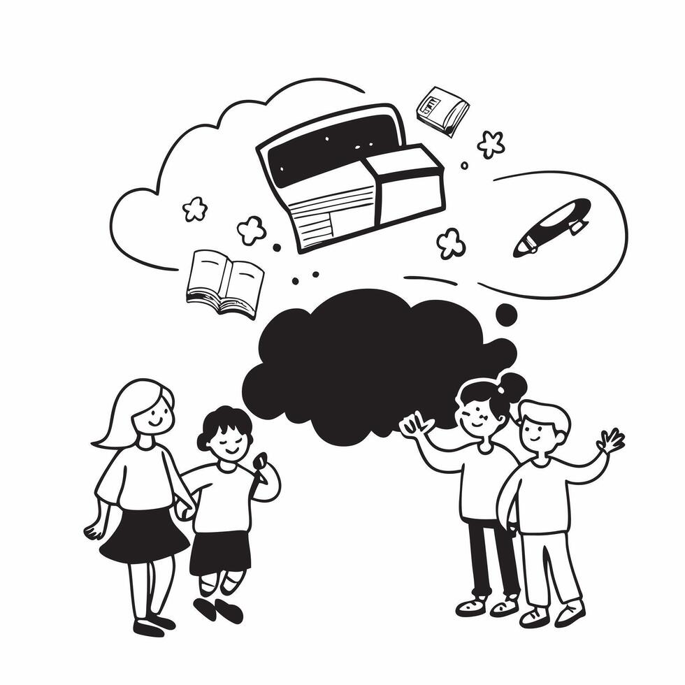 Kids with School Bus and Floating Supplies concept as Kids standing with a school bus and floating school supplies around them with a Cleans background offering space for text or gr Cleans vector