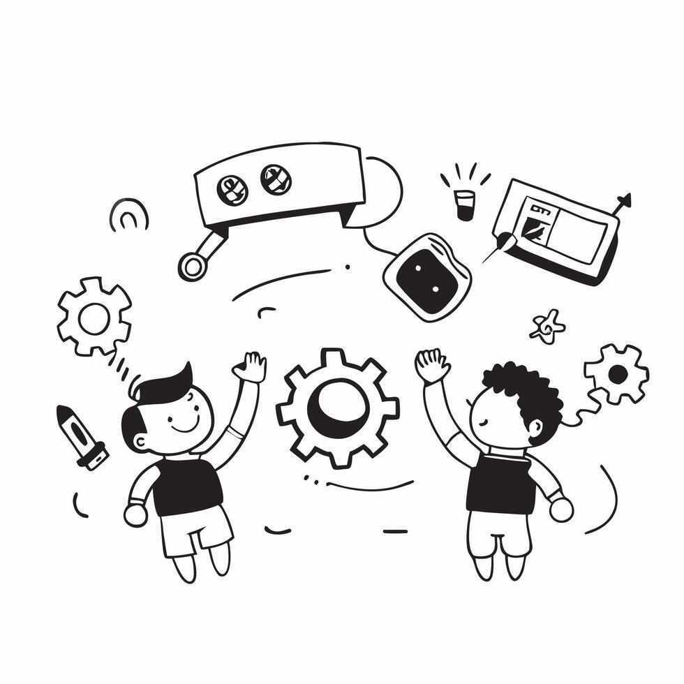 Kids with Robot Kits and Floating Gears concept as Kids with robot kits and floating gears around them set against a blank background offering space for text or design elements sym Cleans vector