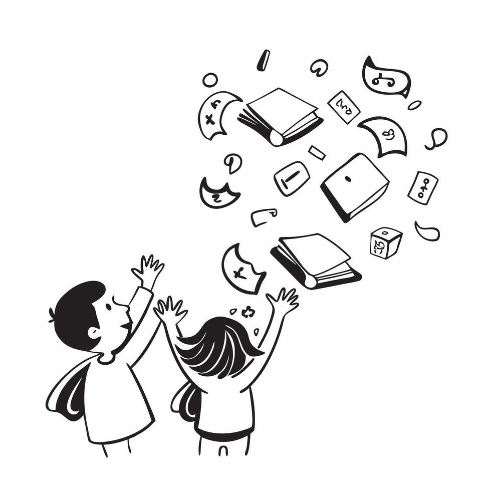 Kids with School Bags and Floating Letters concept as Kids with school bags and floating letters around them set against a Cleans background providing ample space for text or graphi Cleans vector