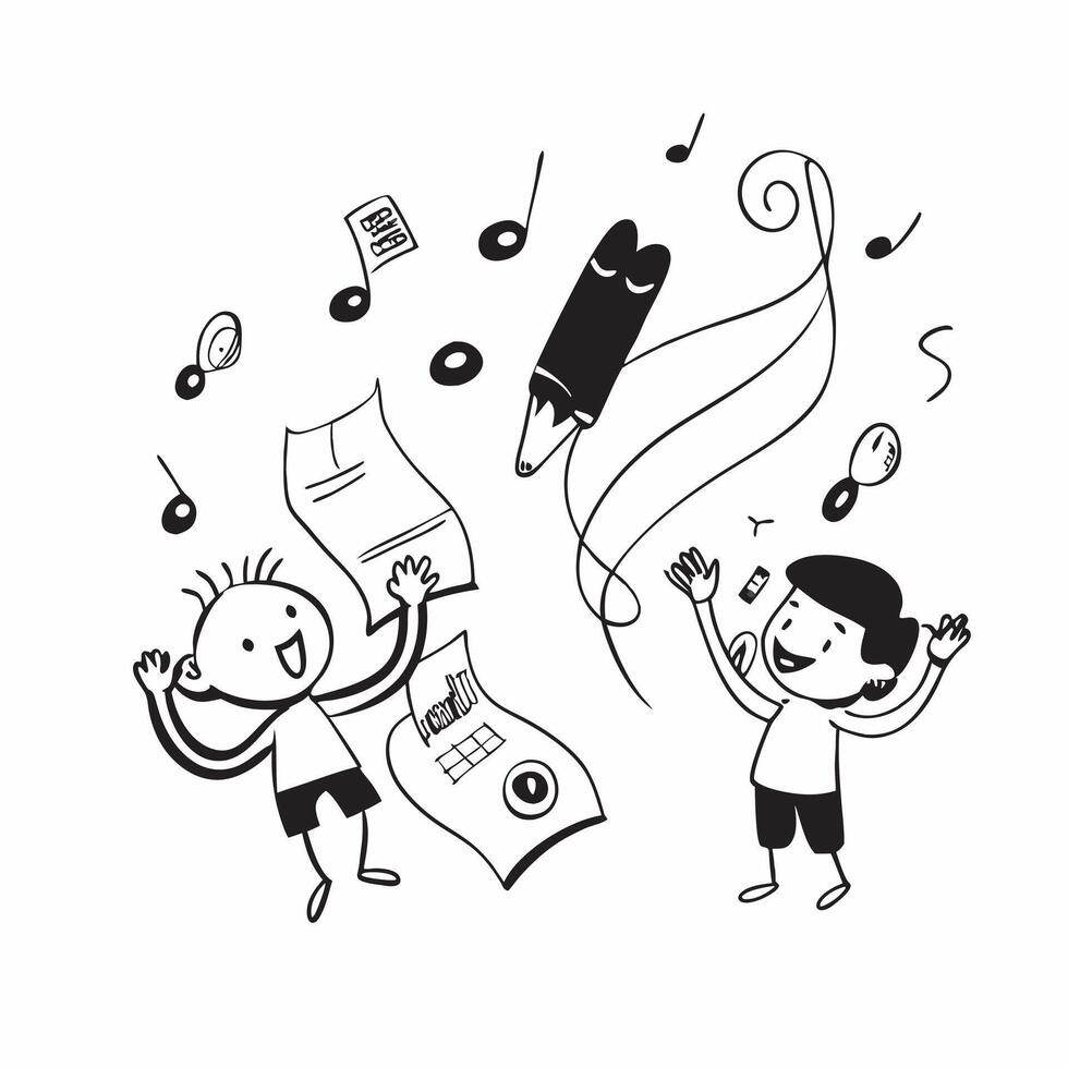Kids with Musical Instruments and Magical Notes concept as Kids with musical instruments and floating magical notes around them set against a Cleans background offering ample space Cleans vector