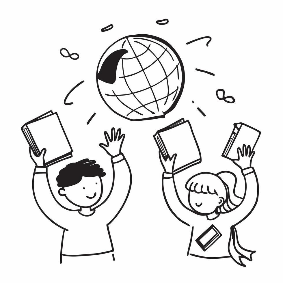 Kids with Maps and Floating School Globe concept as Kids holding maps with a floating school globe behind them set against a blank background offering ample space for text or desig Cleans vector