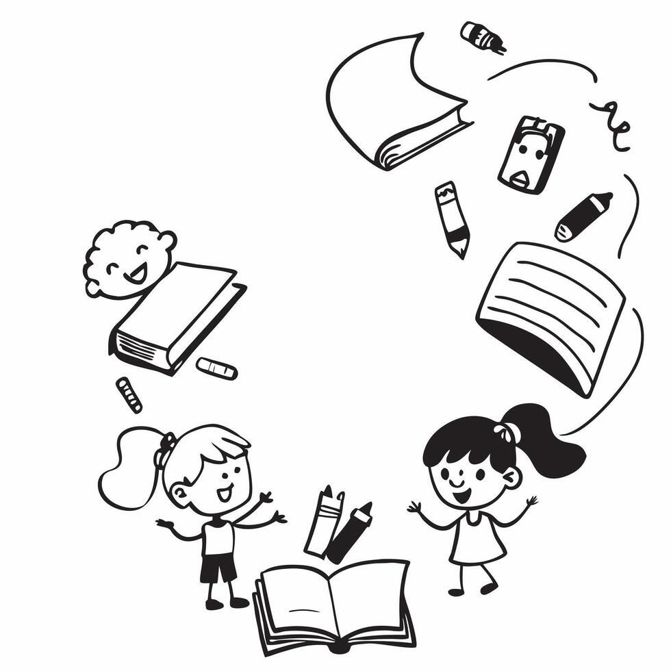 Kids with Notebooks and Enchanted Teacher concept as Kids with notebooks and an enchanted teacher set against a blank background providing space for text or graphics symbolizing th Cleans vector