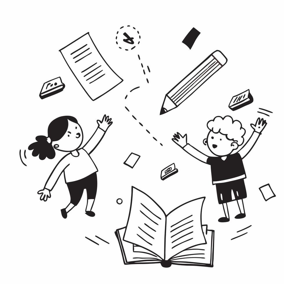 Kids with Magic Rulers and Floating Homework concept as Kids with magic rulers and floating homework pages with a plain background offering space for text or graphics symbolizing a Cleans vector
