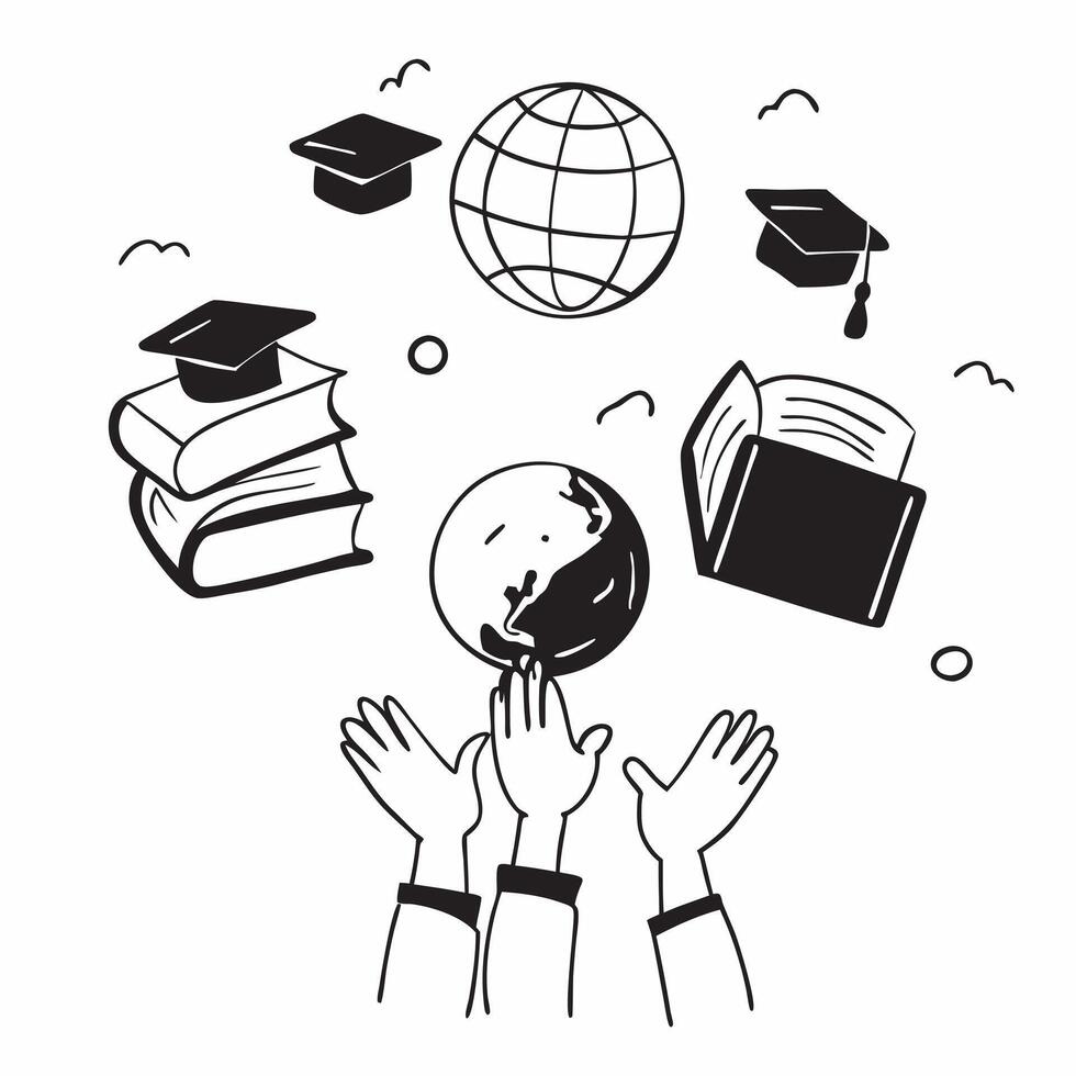 Kids with Globes and Floating School Books concept as Kids holding globes with floating school books around them set against a blank background providing ample space for text or gr Cleans vector