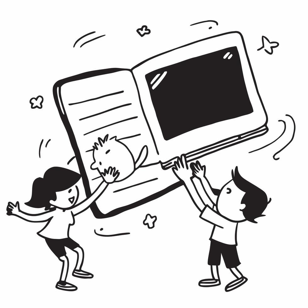 Kids with Digital Textbooks and Virtual Blackboard concept as Kids using digital textbooks with a virtual blackboard behind them set against a blank background providing space for Cleans vector