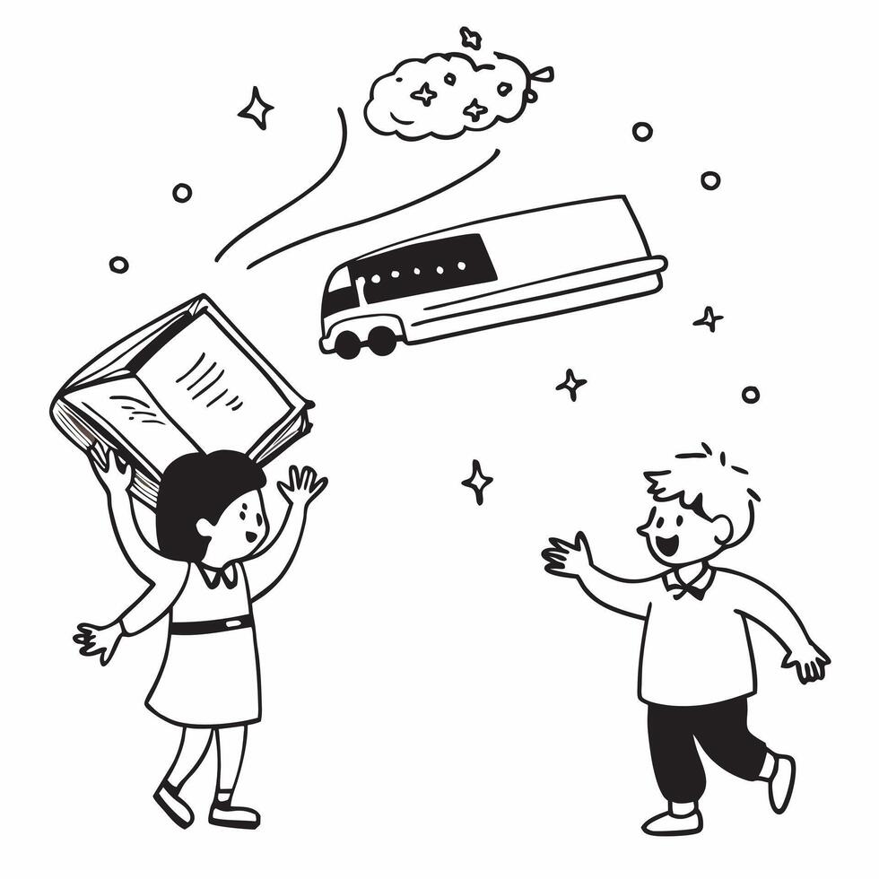 Kids with Books and Magical School Bus concept as Kids holding books with a magical school bus floating nearby set against a plain background providing space for text or design ele Cleans vector