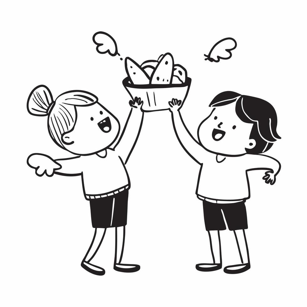Kids with Chicken Wings and Floating Delivery Basket concept as Kids holding chicken wings with a floating delivery basket set against a Cleans background providing ample space for Cleans vector