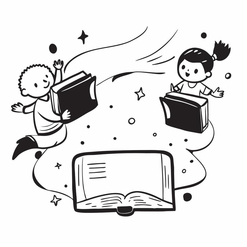 Kids with Books and Enchanted Classroom concept as Kids with books and an enchanted classroom around them set against a blank background providing space for text or graphics symbol Cleans vector