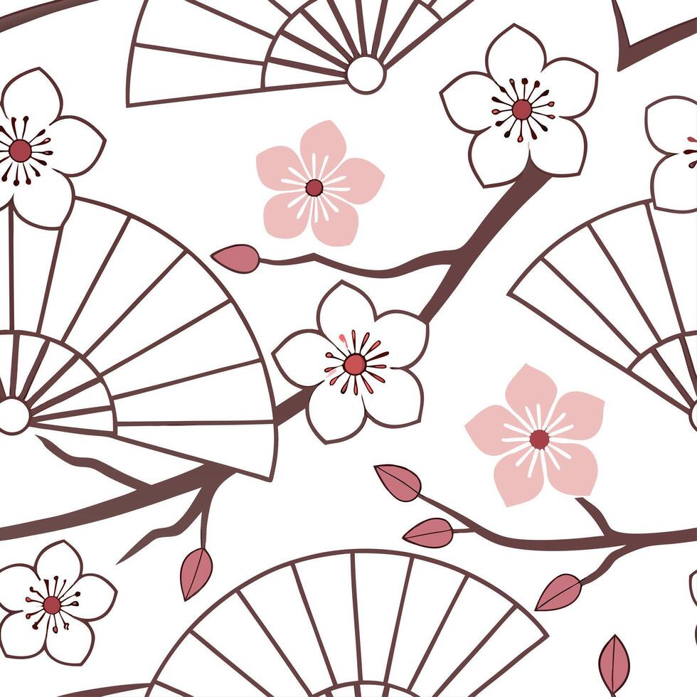 Japanese sakura blossoms and traditional fans seamless tile pattern with soft pink and white tones concept as Soft pink and white tones highlight Japanese sakura blossoms intertwin Cleans vector